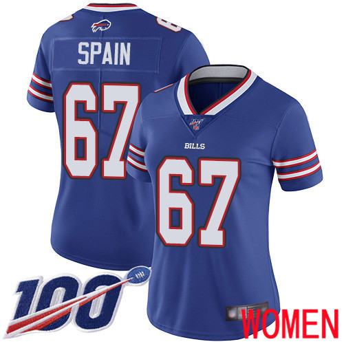 Women Buffalo Bills 67 Quinton Spain Royal Blue Team Color Vapor Untouchable Limited Player 100th Season NFL Jersey